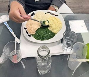 Plato con alimentos triturados de distintas texturas y líquidos espesados, adaptados para una persona con disfagia