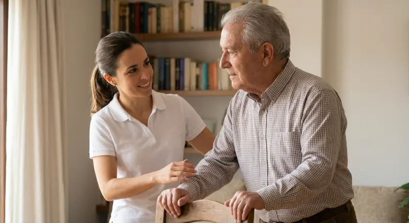 Fisioterapeuta acompaña a un hombre mayor con Parkinson durante un ejercicio de equilibrio en el salón de su casa