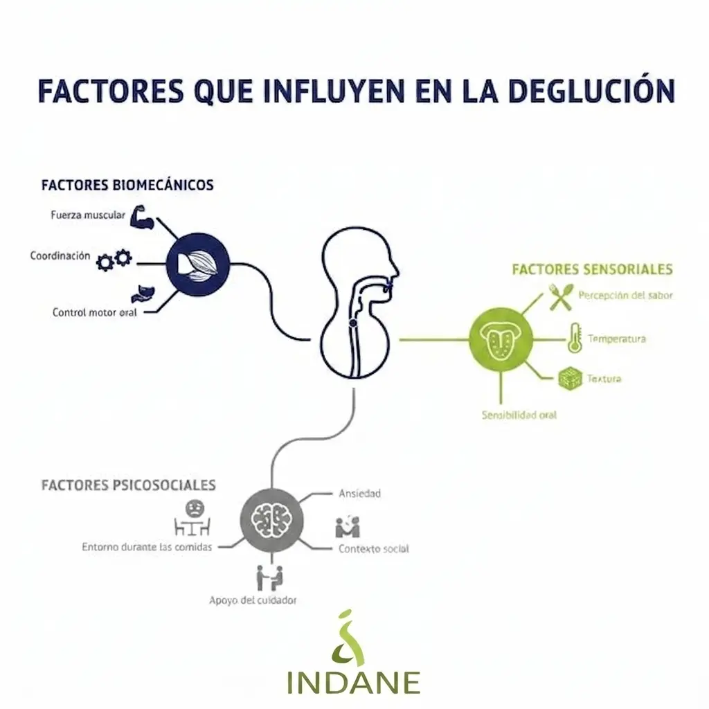 Diagrama de los factores biomecánicos, sensoriales y psicosociales que influyen en la deglución, con ejemplos como fuerza muscular, coordinación, percepción del sabor, sensibilidad oral, ansiedad y apoyo del cuidador